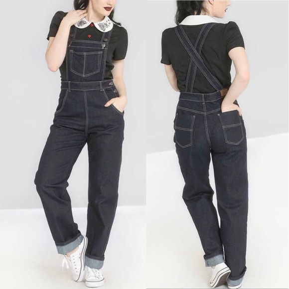 Hell Bunny Pants - Hell Bunny ‘Elly May Denim Dungaree Navy’ Overalls in Dark Blue